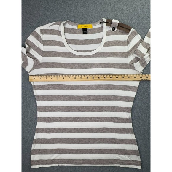 St John Blouse Women's Large Yellow Label Ivory Tan Stripe 3/4 Sleeve Zipper - Picture 8 of 10